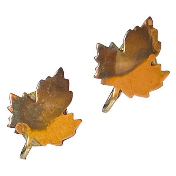 unknown Jewelry - Vintage Oxidized Copper Maple Leaf Clip Earrings Artisan Made Art To Wear